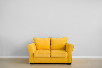 Stylish sofa near light wall in room