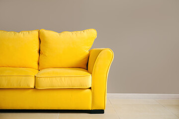 Stylish sofa near gray wall in room