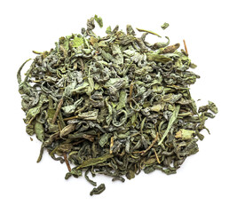 Dry tea leaves on white background
