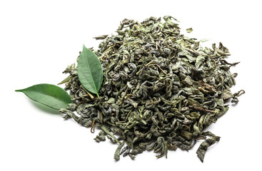 Dry tea leaves on white background