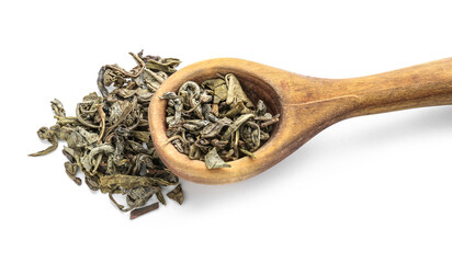 Fototapeta premium Wooden spoon with dry tea on white background