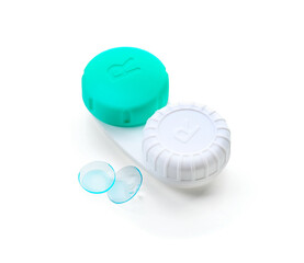 Container with contact lenses on white background