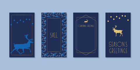 Winter holiday backgrounds. Set of editable templates for social networks and stories. Christmas backdrops decorated with deer silhouettes. Vector 10 EPS.