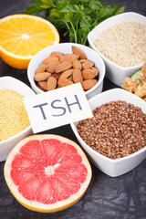 Natural ingredients, fruits and vegetables containing vitamins for healthy thyroid