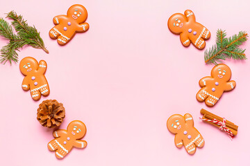 Christmas composition with gingerbread cookies on color background