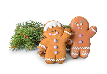 Christmas composition with gingerbread cookies on white background