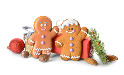 Christmas composition with gingerbread cookies and gifts on white background