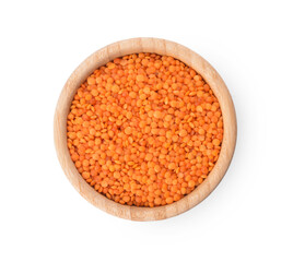 Bowl of red lentils on white background