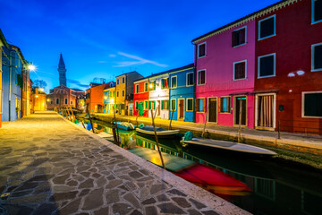 architecture, attraction, beautiful, blue, boat, bridge, building, burano, canal, city, cityscape, color, colorful, culture, dusk, europe, facade, famous, hour, house, icon, iconic, island, italian, i
