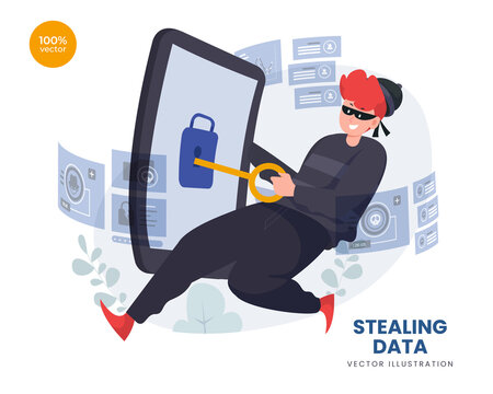 Stealing Data Vector Illustration Idea Concept For Landing Page Template, Hacker Fraud Alert, Money And Credit Card Information Download, Online Piracy With Data Phising, Internet Cybercrime Online. 