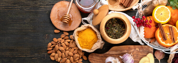 Healthy products for Immunity stimulating and cold remedies on wooden table