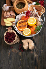 Healthy products for Immunity stimulating and cold remedies on wooden table