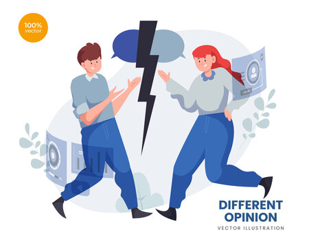 Different Opinion Vector Illustration Idea Concept For Landing Page Template,Debate Process, Discussion With Various Viewpoint, Argument And Perspective, Diversity In Idea. Flat Styles