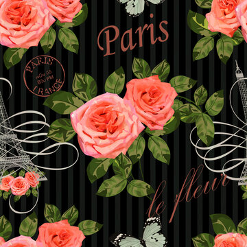 Seamless Paris background with Eiffel Tower and roses.	