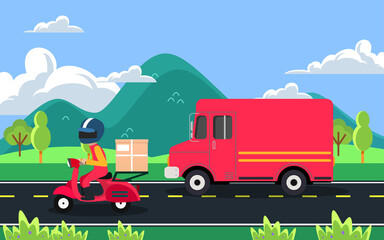 delivery motorcycle and truck derivery on the road with landscape of mountain backgrond