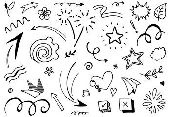 Fototapeta na wymiar Hand drawn set elements, Abstract arrows, ribbons, fireworks, hearts, lightning,love , leaf, stars, crowns and other elements in a hand drawn style for concept designs. Scribble illustration.