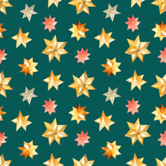 Watercolor seamless pattern with stars. Cute watercolor drawings of stars on a dark green background. Illustrations for wrapping paper, textiles, decorations.