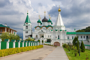 At the entrance to the Voznesensky Pechersky Monastery on a cloudy August day. Nizhny Novgorod, Russia
