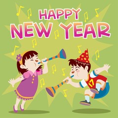 a pair of girl and boy celebrate the new year together by blowing trumpets