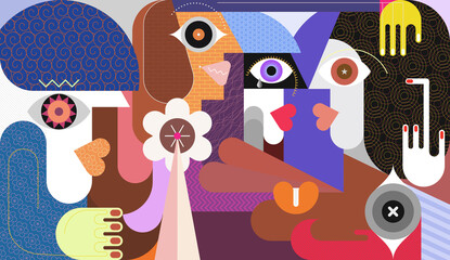 Group of young women talking to each other. Abstract modern art graphic illustration. 