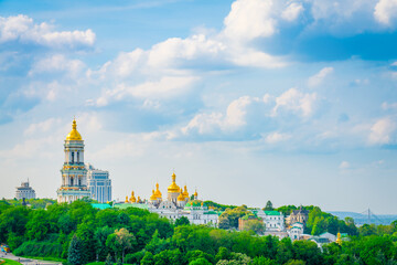 Fototapeta na wymiar Lavra Bell tower and Sobor Cathedral at Kiev Perchersk Lavra. Ukraine