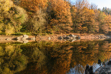 rocks and trees in autumn colors reflection in water of river