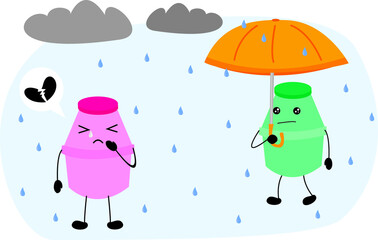 rain and umbrella. vector illustration of cute plastic bottle character for fermented milk. two people who are heartbroken when it rains