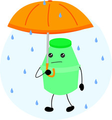 vector image. cute plastic bottle character illustration for fermented milk. green. in the rain wearing an umbrella. for symbols, logos, icons, backgrounds, wallpapers, web, pc or android applications