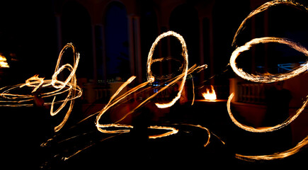 Flame of fire in motion at night.
