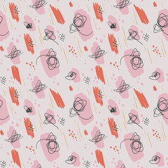 pink abstraction with lines and spots, vector pattern