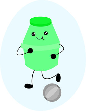vector image. cute plastic bottle character illustration for fermented milk. green. playing soccer. for symbols, logos, icons, backgrounds, wallpapers, web, pc or android applications, cute clothing p