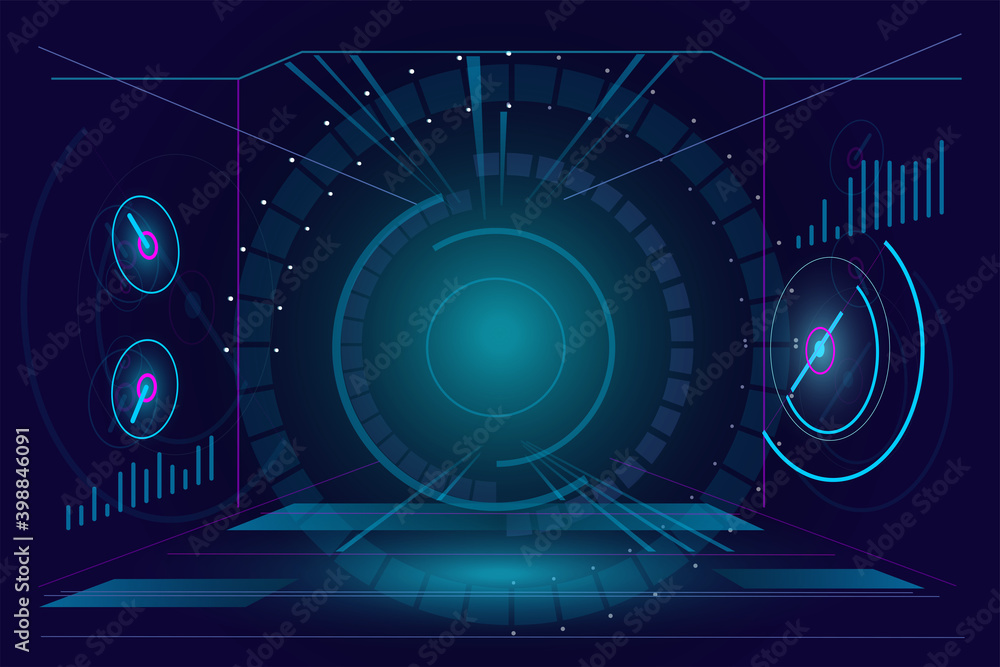 Poster futuristic virtual reality head-up display design. sci-fi vr hud helmet visor concept. gui ui displa