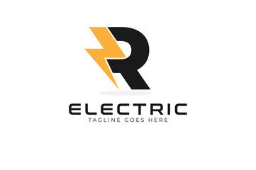 Initial Letter R Electric Logo. letter R with thunder bolt icon inside isolated on white background, Flat style Logo Design Template element, vector illustration