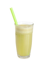 Glass of melon smoothie juice isolated on white