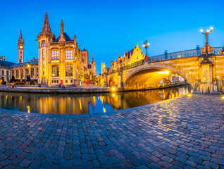 Sint-Michielsbrug bridge and Leie river in the historic city center in Ghent (Gent), Belgium.