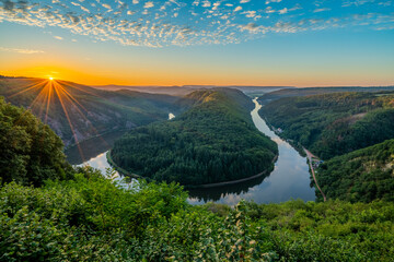 Sunrise view of Saar river valley near Mettlach. South Germany 