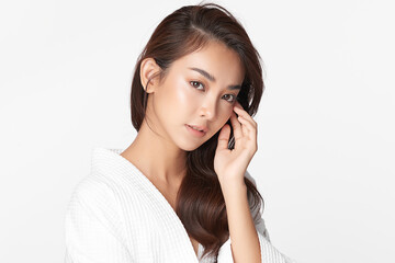 Beautiful Young asian Woman with Clean Fresh Skin, on Pink background, Face care, Facial treatment. Cosmetology, beauty and spa. Asian women portrait