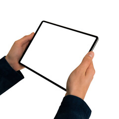 Digital tablet in hands. Isolated on white background	
