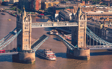 Tower Bridge openning for vessel in London, England