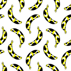 Seamless pattern of yellow bananas with cow texture isolated on white background. Food fruit concept in pop-art style. Stock vector illustration for textile print, wrapping paper, wallpaper backdrop