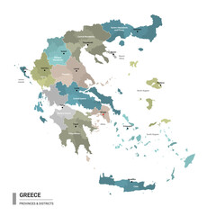 Greece higt detailed map with subdivisions. Administrative map of Greece with districts and cities name, colored by states and administrative districts. Vector illustration. - obrazy, fototapety, plakaty