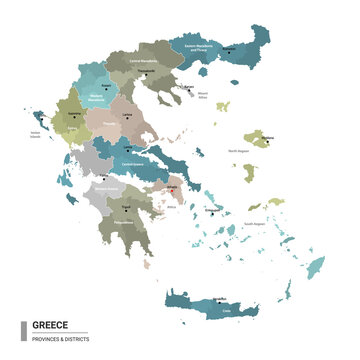 Greece higt detailed map with subdivisions. Administrative map of Greece with districts and cities name, colored by states and administrative districts. Vector illustration.