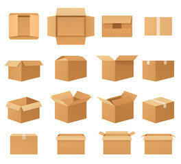 Empty cardboard packages boxes, set of open and closed delivery packaging, front view, top view, side view, angled. Paper mail boxes various shapes.