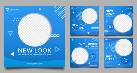 Set of Editable minimal square banner templates. Blue background color. Suitable for social media post and web internet ads. Vector illustration with photo frame.