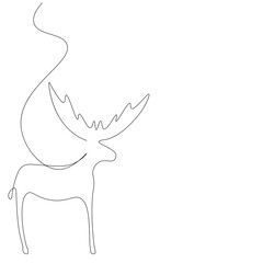 Christmas deer line drawing on white background, vector illustration