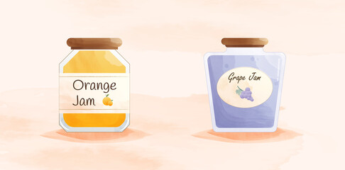 Fruit jam jar, orange, grape set.Premium Vector