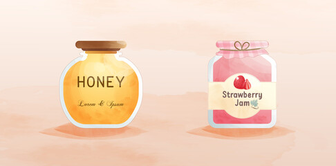  Fruit jam jar honey and Strawberry set.Premium Vector