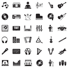 Music Icons. Black Flat Design. Vector Illustration.