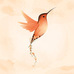 Watercolor of Rufous Hummingbird and beautiful flower.