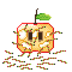 Illustration pixel art apple. Vector picture. Apple has a worm.